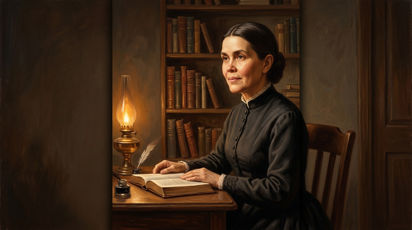 Oil-painting-style portrait of Ellen G. White seated at her writing desk with an open Bible and oil lamp